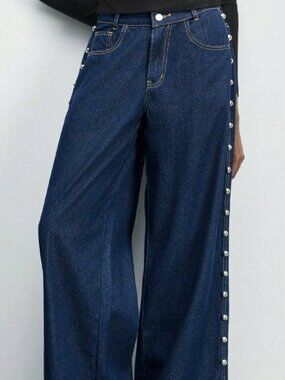 Dark Wash Casual Women's Street Punk Style Rivet Decor Loose Wide-Leg Jeans